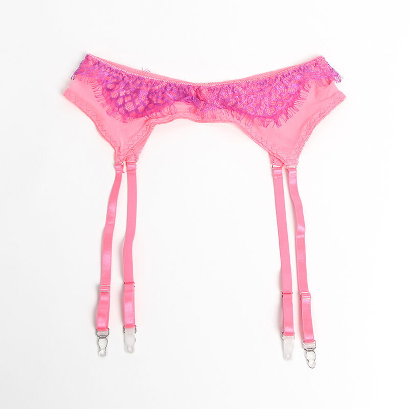 Conjunto sutiã e ligas de renda rosa e violeta — SUBBLIME SETS
