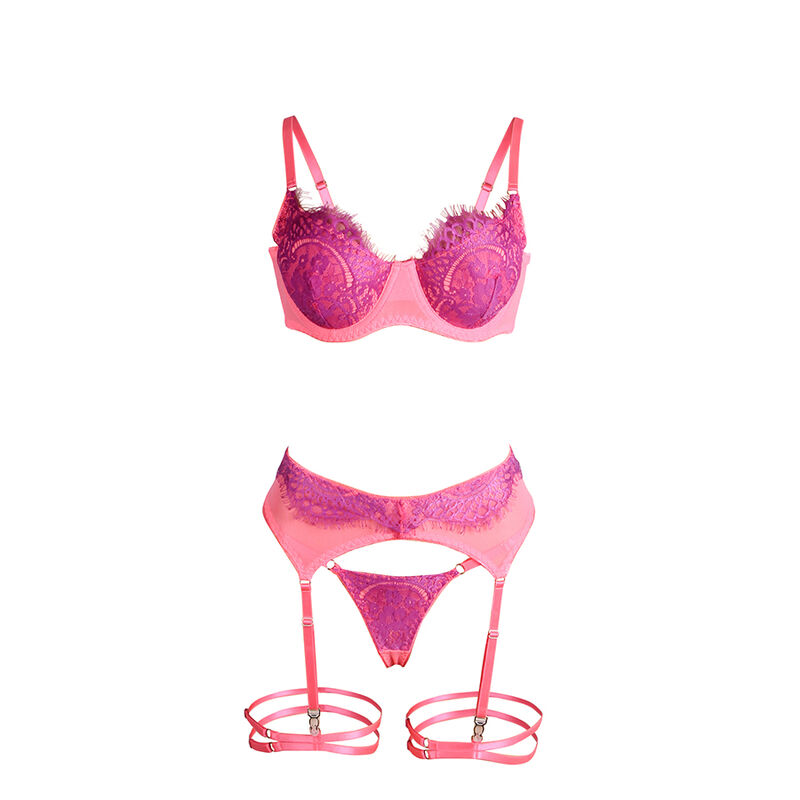 Conjunto sutiã e ligas de renda rosa e violeta — SUBBLIME SETS