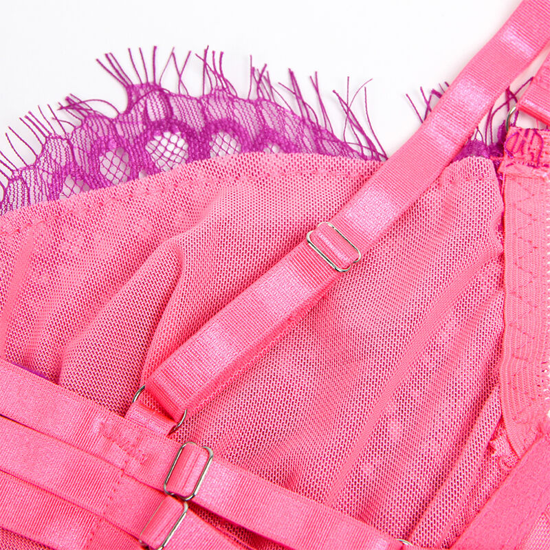 Conjunto sutiã e ligas de renda rosa e violeta — SUBBLIME SETS