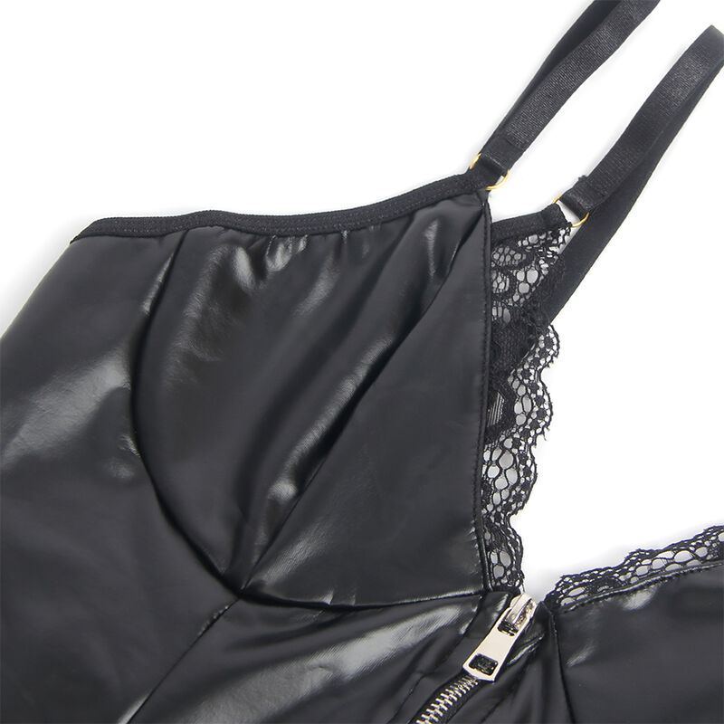 Body en dentelle et cuir avec fermeture éclair et porte-jarretelles — SUBBLIME BODIES