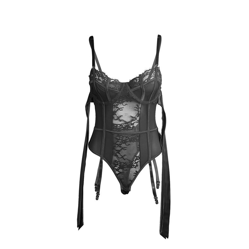 Body en dentelle noire avec jarretelles et entrejambe ouvert — SUBBLIME BODIES