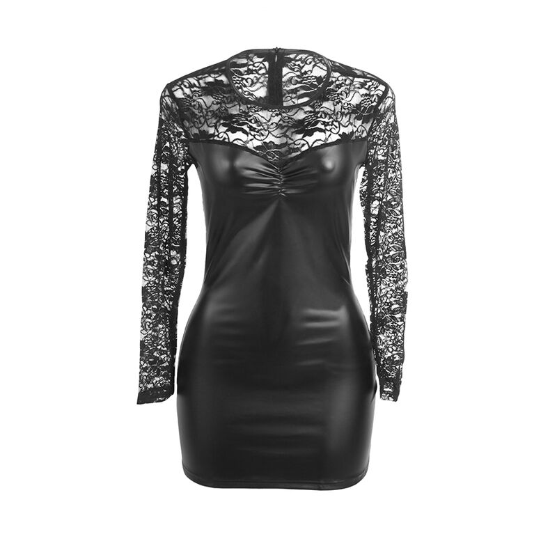 Robe longue à manches longues en similicuir et dentelle noire — SUBBLIME DRESSES