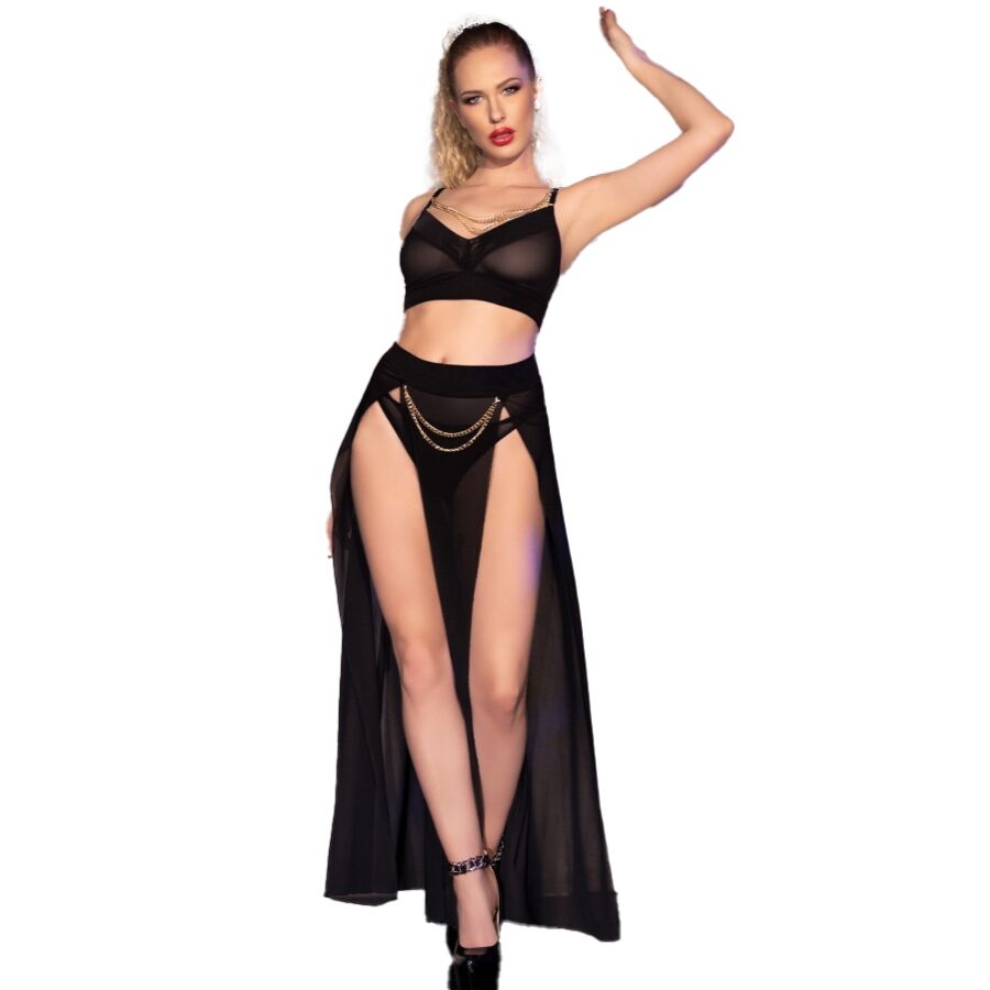 Ensemble jupe et string noirs à chaînes dorées — CHILIROSE SETS