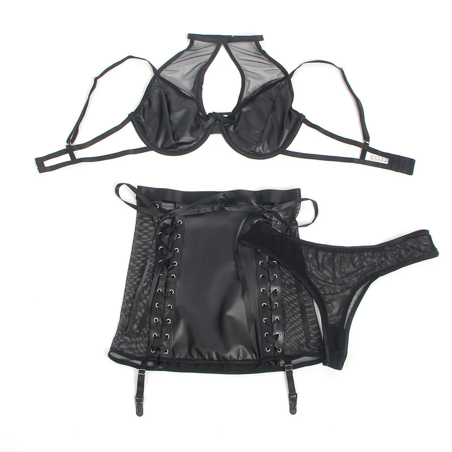 Ensemble soutien-gorge et jupe en cuir noir — SUBBLIME SETS