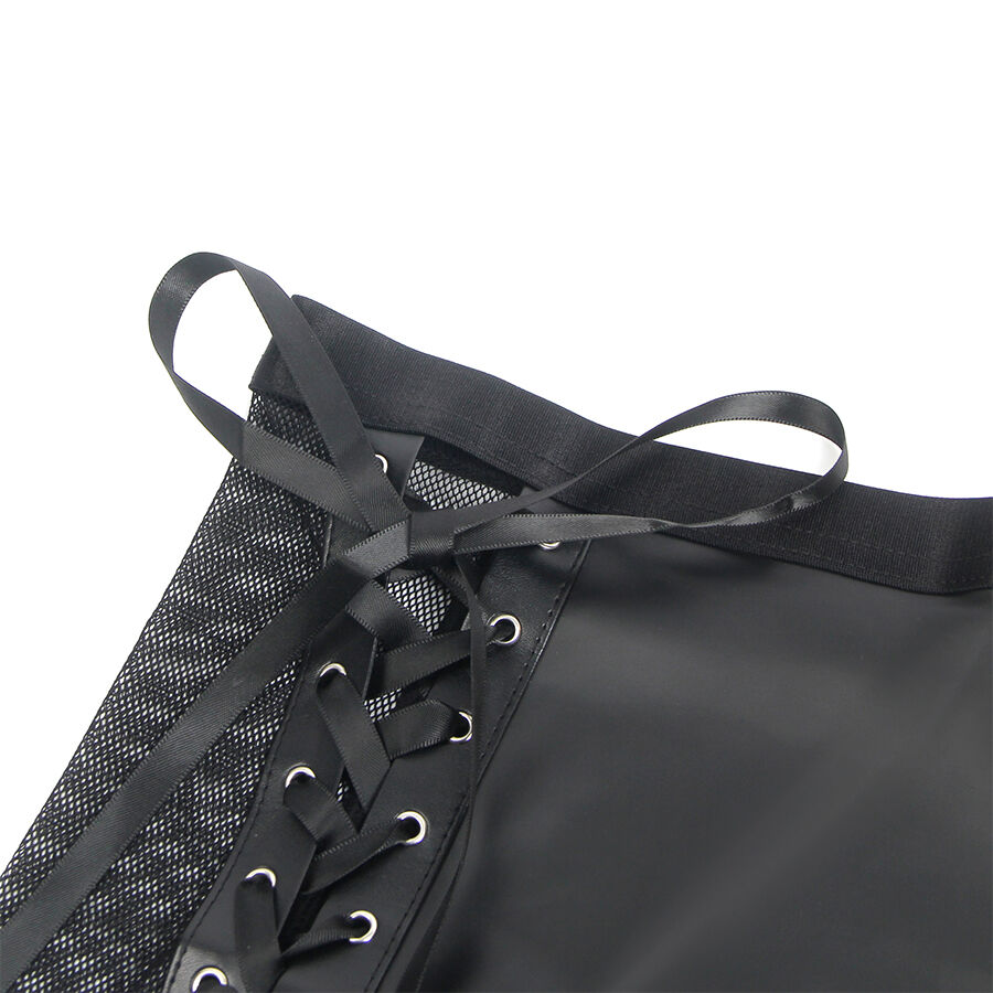 Conjunto sutiã e saia de couro preto com ligas integradas — SUBBLIME SETS