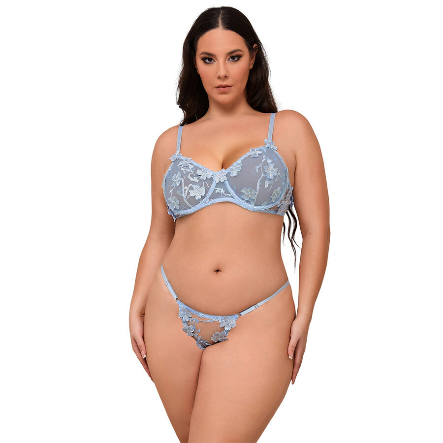 Ensemble soutien-gorge et culotte brodés de fleurs bleu ciel — SUBBLIME SETS