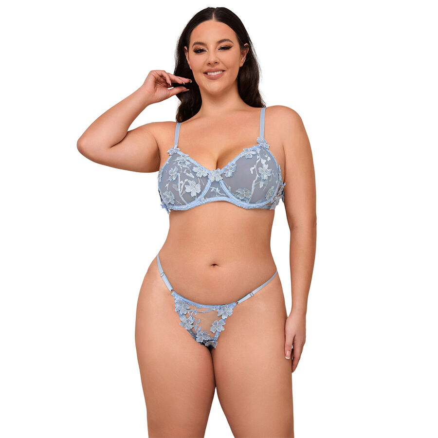 Ensemble soutien-gorge et culotte brodés de fleurs bleu ciel — SUBBLIME SETS