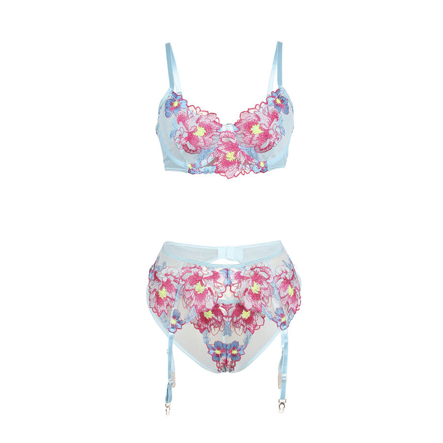 Ensemble soutien-gorge et porte-jarretelles brodé fleurs rose — SUBBLIME SETS