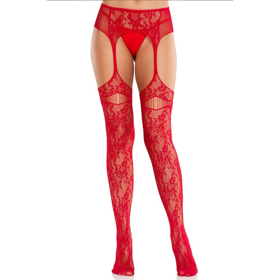 Bas résille dentelle rouge avec porte-jarretelles intégré — LEG AVENUE HOSIERY