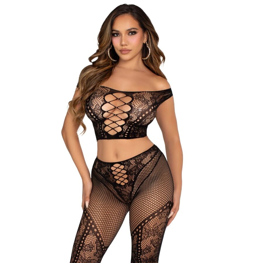 Ensemble crop top et legging résille épaules dénudées noir — LEG AVENUE SETS