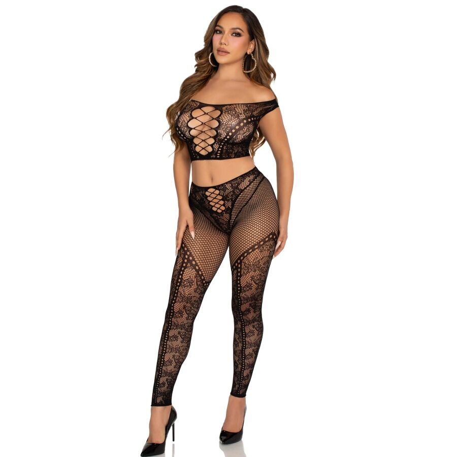 Ensemble crop top et legging résille épaules dénudées noir — LEG AVENUE SETS