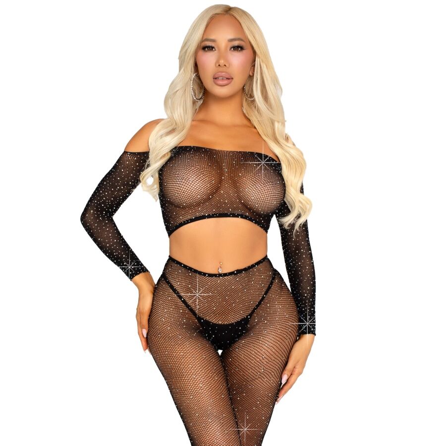 Ensemble crop top et legging résille à strass — LEG AVENUE SETS