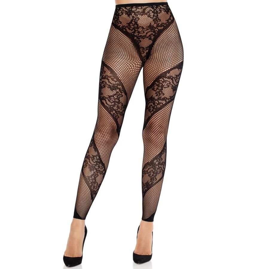 Collants sans pieds en dentelle et résille noirs — LEG AVENUE HOSIERY