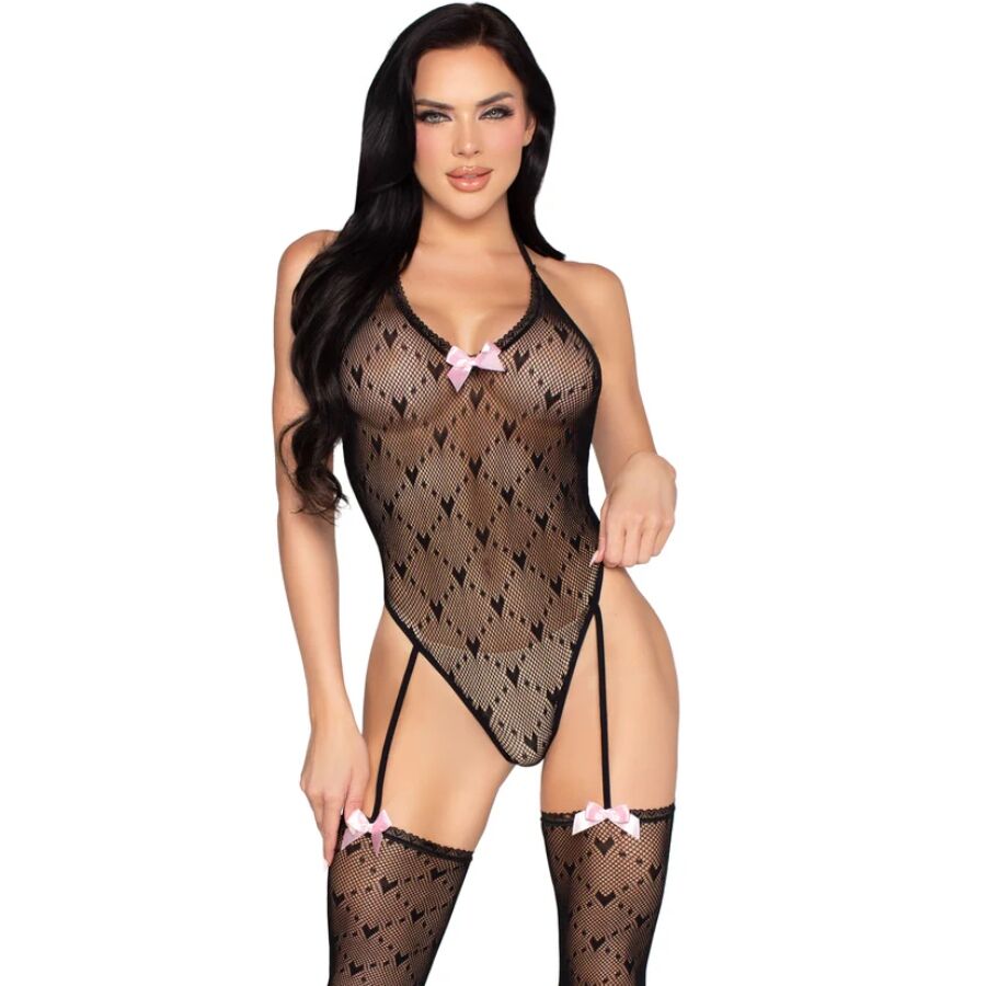 Body dos ouvert à pois avec porte-jarretelles noir — LEG AVENUE TEDDIES