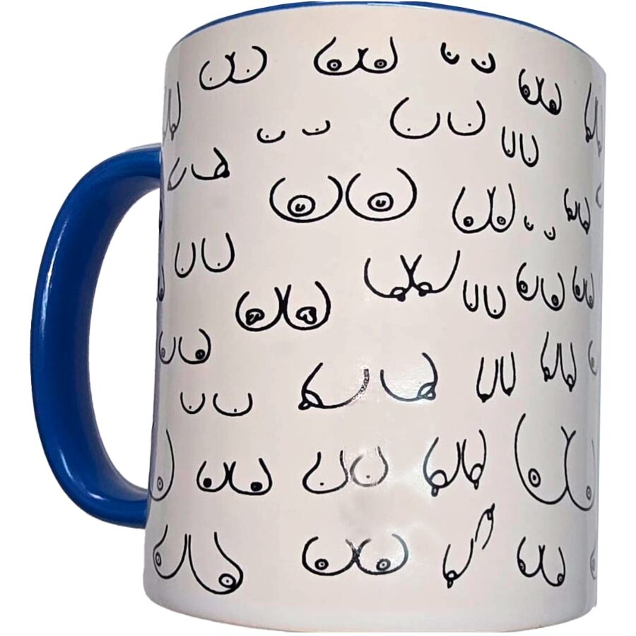 Mug coquin seins blanc anse bleue 370 ml — Diablo Picante