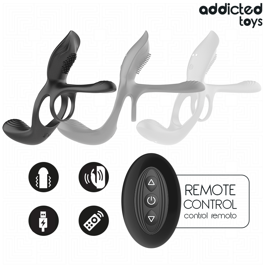 Double anneau pénis et testicules avec stimulateur clitoridien — ADDICTED TOYS