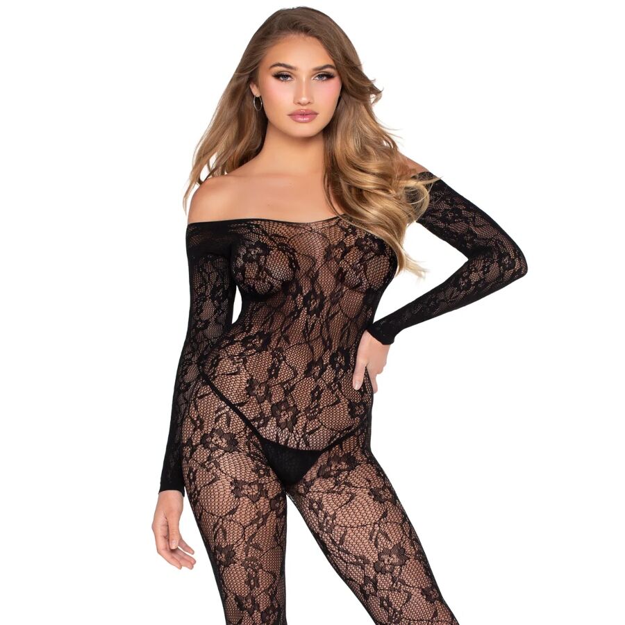 Body en dentelle florale extensible noir — LEG AVENUE BODYSTOCKINGS