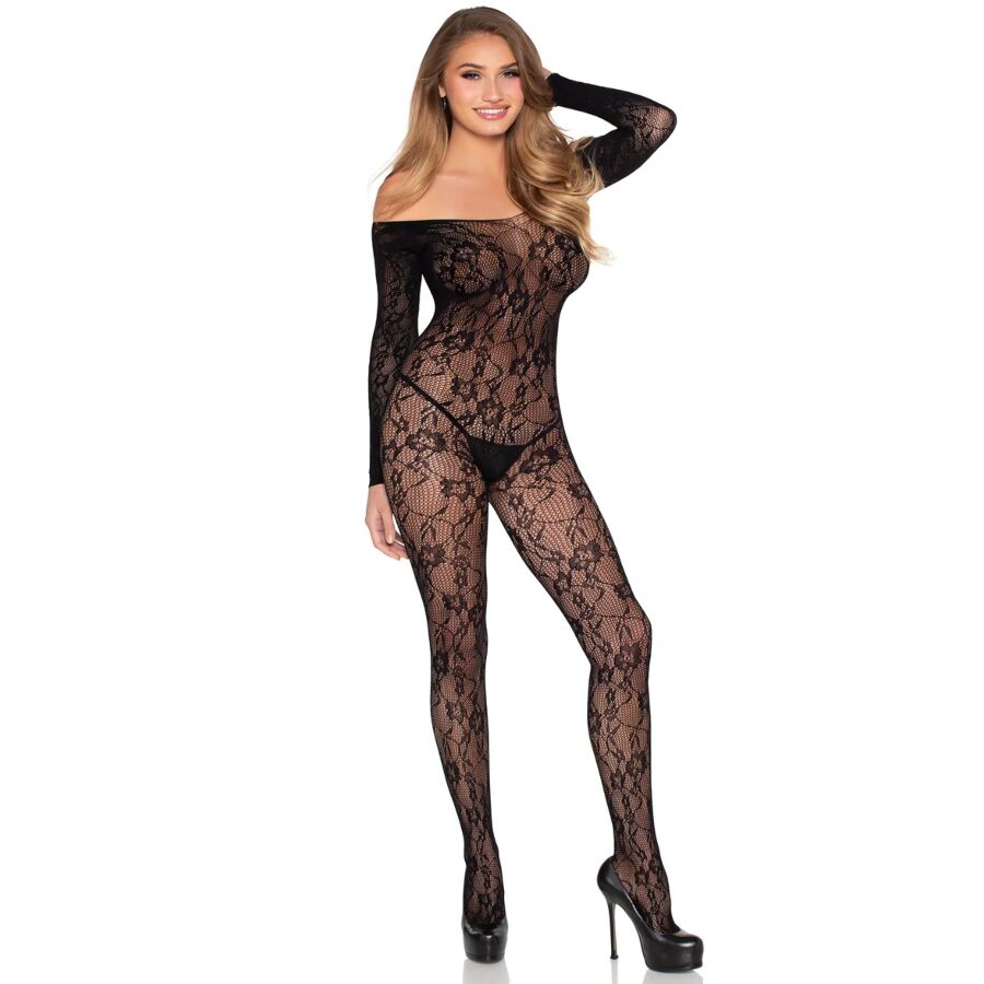 Body en dentelle florale extensible noir — LEG AVENUE BODYSTOCKINGS