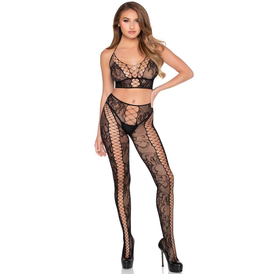 Ensemble crop top et collants en résille et dentelle noirs — LEG AVENUE SETS