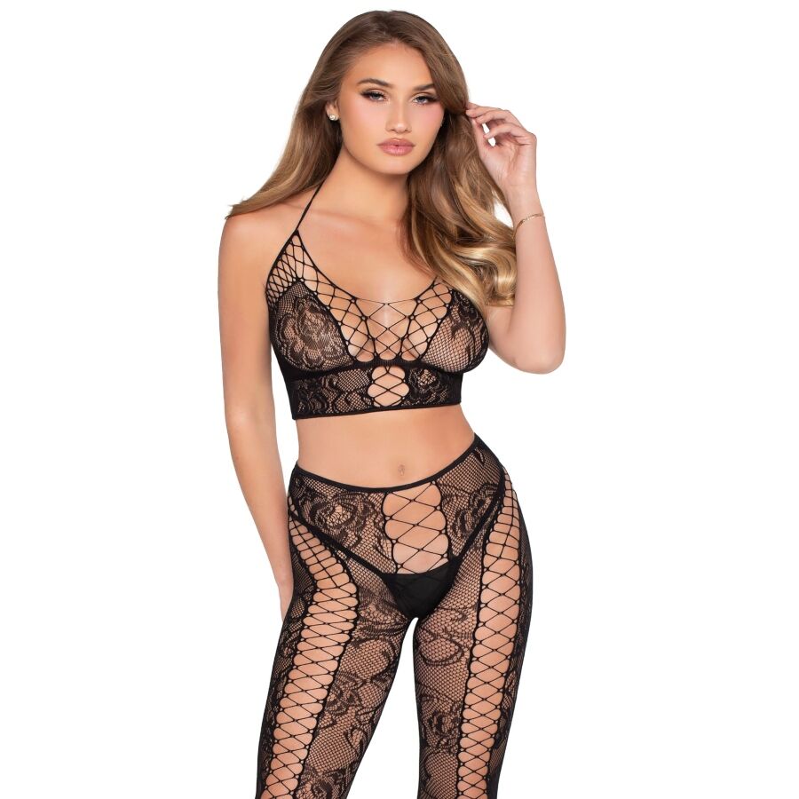 Ensemble crop top et collants en résille et dentelle noirs — LEG AVENUE SETS