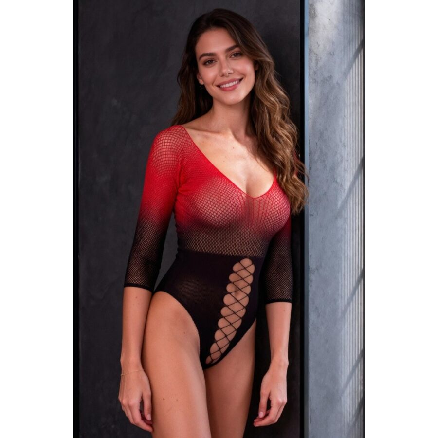 Body en résille noir et rouge — PASSION WOMAN BODYSTOCKINGS