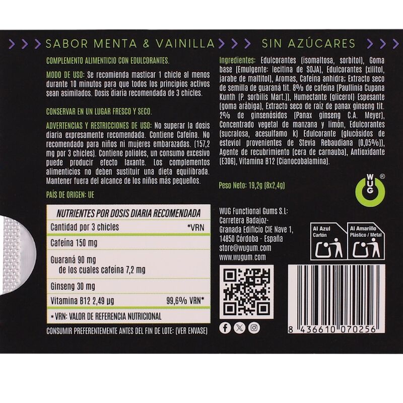 Chewing-gum fonctionnel caféine-guarana, saveur menthe-vanille — WUG GUM