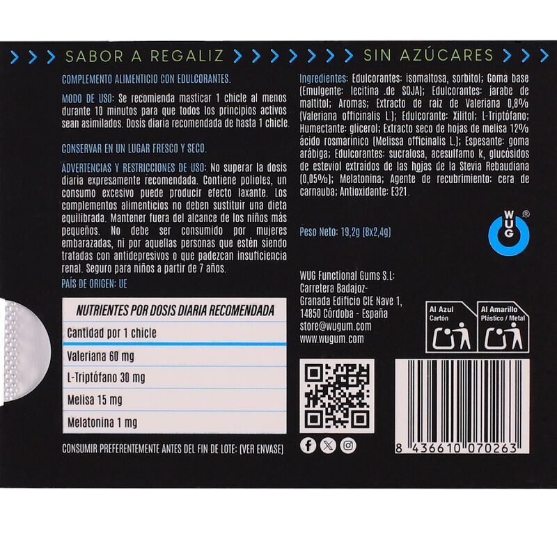 Chewing-gum fonctionnel sommeil à la mélatonine et valériane, saveur réglisse — WUG GUM