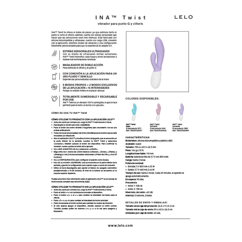 LELO - INA TWIST DOUBLE VIBRATEUR LAPIN POUR LE POINT G ET LE CLITORIS LAVANDE