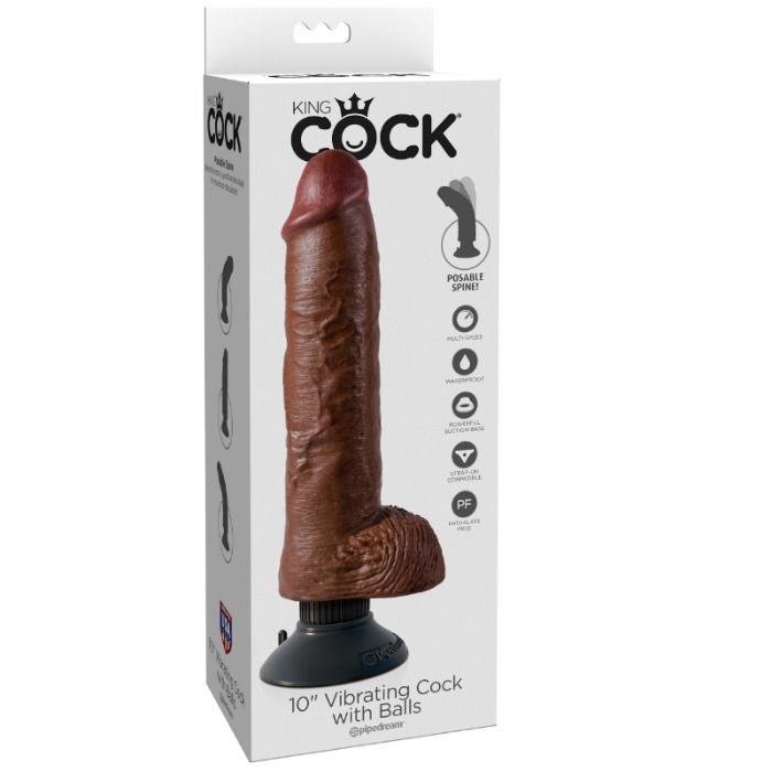 Hyperrealistischer Vibrations-Saugnapf mit Hoden 25,5 cm braun — KING COCK